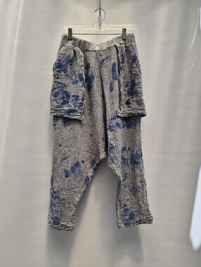 Luukaa Lagenlook Linen Harem Pants 8 M Gray Blue Drop Crotch Distressed Mori Kei